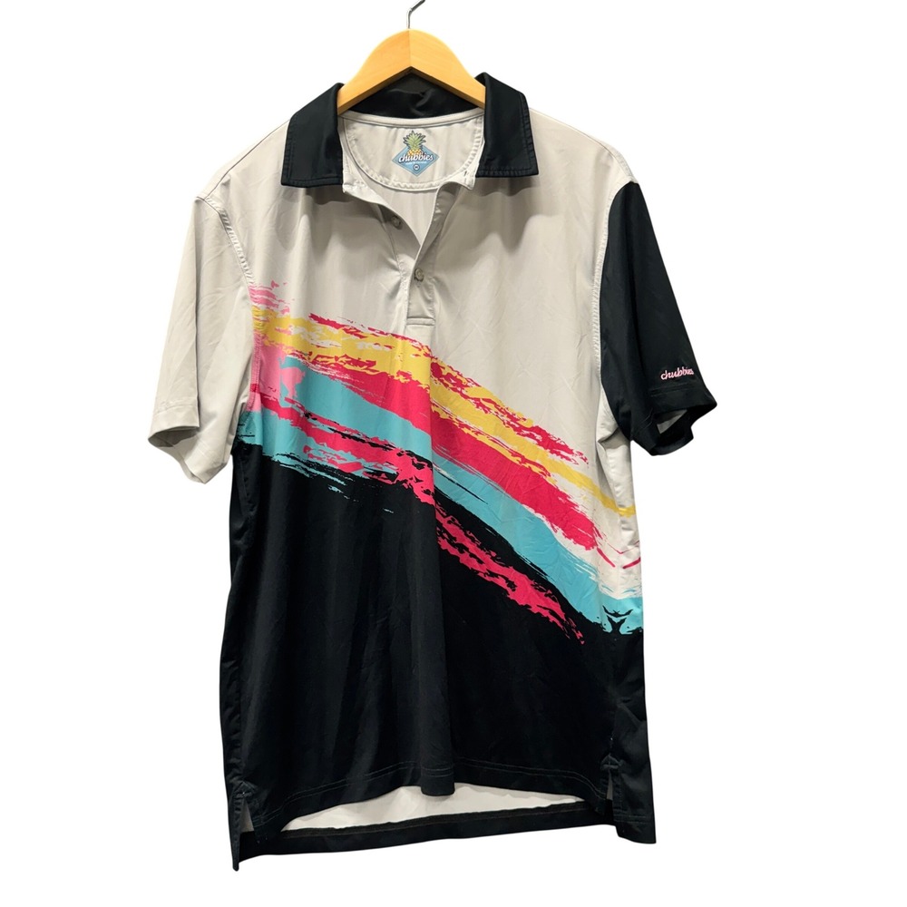 Chubbies Polo Mens M 80s Style The Tennis Champ Paint Stroke Grey Black Retro